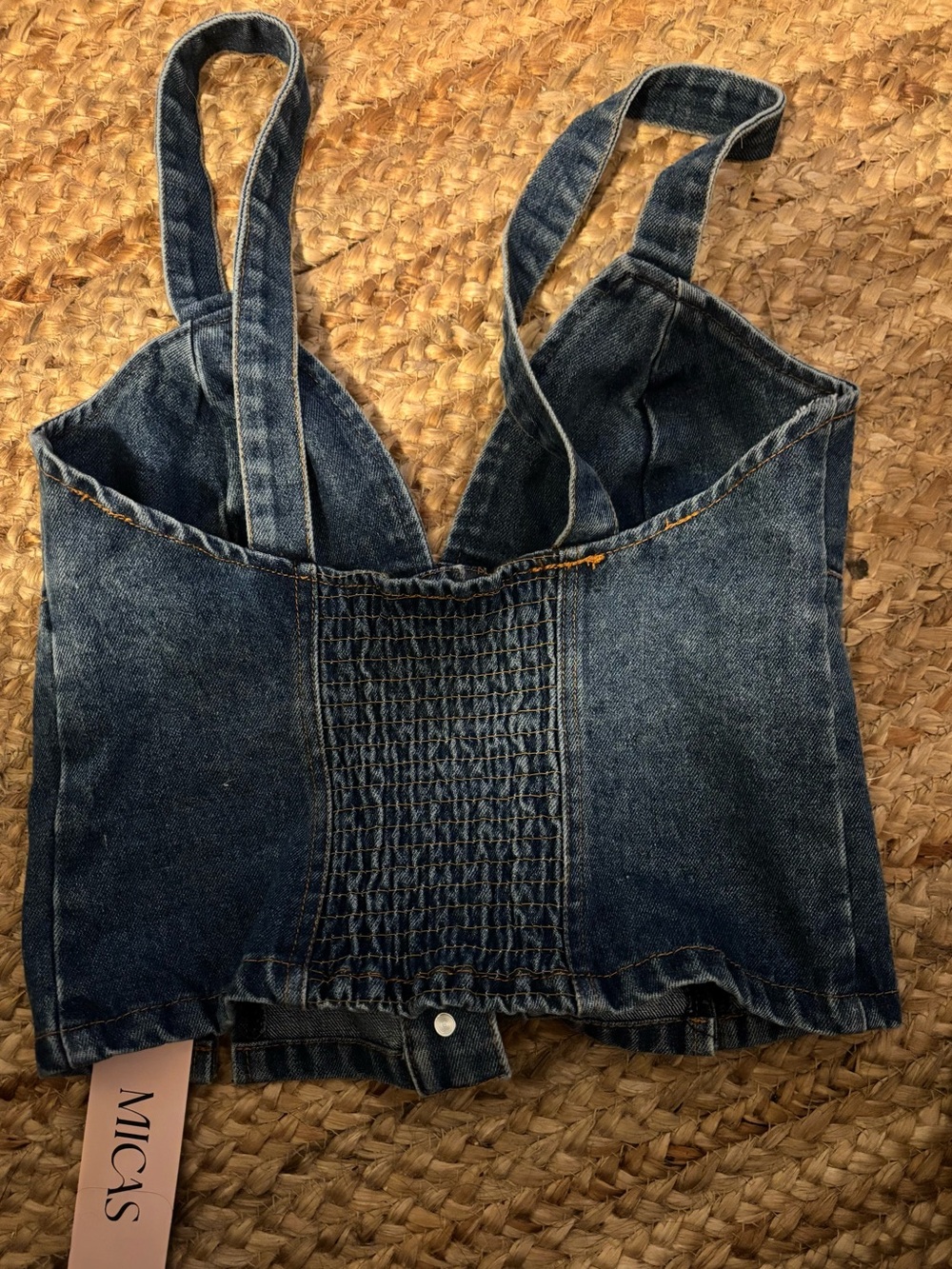 Blue Denim Smocked Bustier Crop Top - MICAS